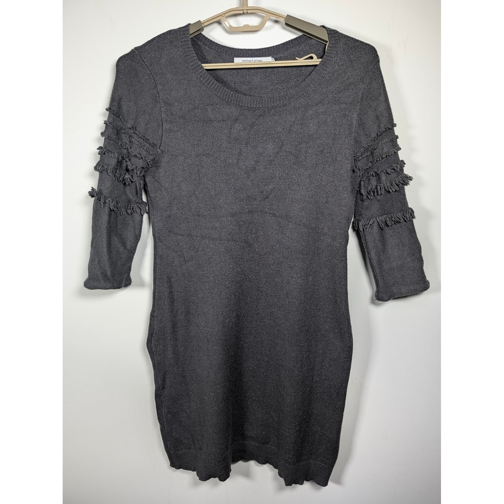 Stitches & Stripes Womens Mini Dress Fringe Sleeve Knit Gray Slim M 17.5x33.5